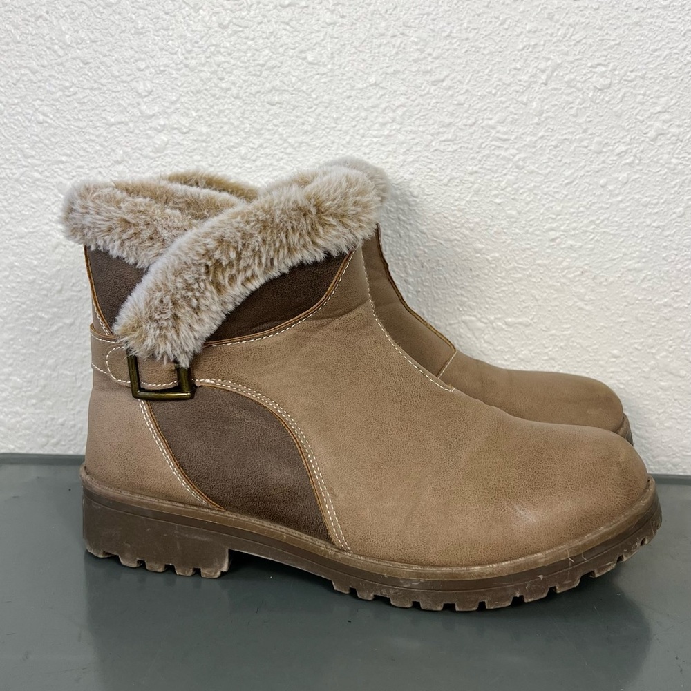 Womens APRES Tan Faux Leather Ankle Boots Booties Size 7 Low Heel Casual Comfort